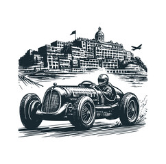 Poster - The vintage formula car. Black white vector logo illustration. 