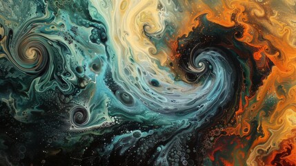 Aufkleber - A vibrant abstract painting featuring swirling patterns in shades of turquoise, black, and orange.