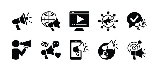 Digital marketing icon set. Containing megaphone, advertising, online video, media social, mobile, goal or target, communication, influence, campaign, public. Vector illustration