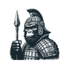  The chinese ape warrior. Black white vector illustration