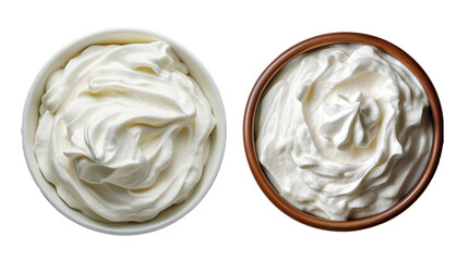 Top view of isolated bowl of sour cream or Greek yogurt. transparent, isolated on white.