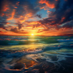 Wall Mural - Beautiful sunset on the sea. Colorful sky with clouds.