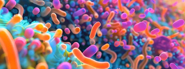 Poster - A vibrant visualization of the intricate balance within the gut microbiome showcasing the interplay