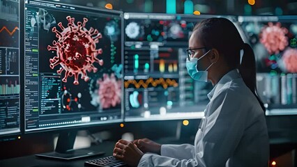 Poster - Researcher in lab coat and mask studying virus simulations 