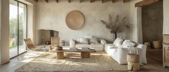 Design a modern living room interior with a neutral color palette and natural materials