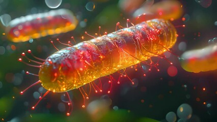 Poster - Close-up depiction of bacterial cells with flagella, surrounded by smaller particles.