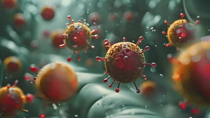 Poster - Close-up view of virus particles suspended amidst cell-like structures.