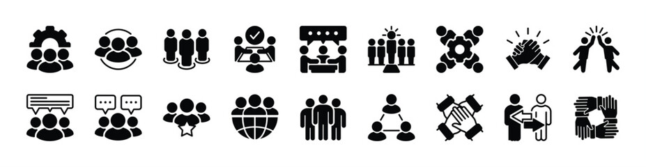 Business teamwork icon set. Containing team, cooperation, group, people, organization, collaboration, communication, partnership, leadership, support, unity, community. Vector illustration