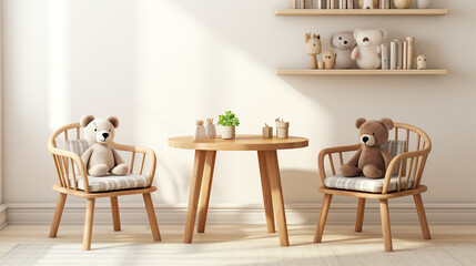 Adorable teddy bears having tea party at cute wooden table in minimalist nursery