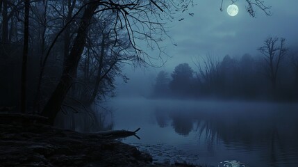 Wall Mural - A serene lake at night with a full moon reflecting on the water