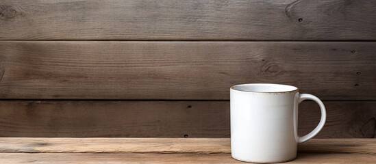 Sticker - Copy space image of a coffee cup with a blank label placed on top situated on a weathered wooden background