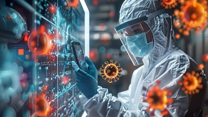 Poster - Researcher in protective suit interacts with a futuristic holographic display showing virus structures.
