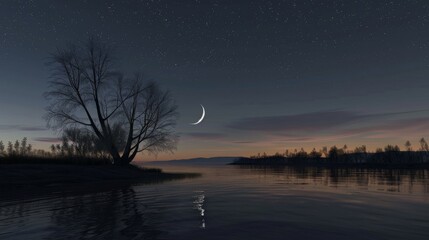 Wall Mural - A serene lake at night with a full moon reflecting on the water