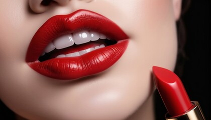 Portrait close-up red lipstick to promote makeup brand, lip gloss mockup, red lipstick branding luxury brand with isolated red background created with generative ai