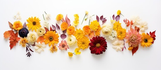 Wall Mural - A fresh collection of autumn flowers beautifully arranged on a white background creating a floral composition that reflects the essence of fall The image is taken from a top down perspective offering