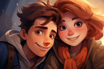 Illustration of joyful cartoon teenagers capturing a selfie with a warm, glowing background