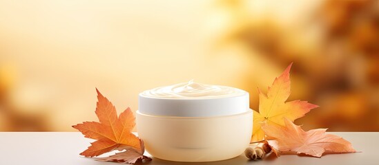 Sticker - Pastel background with Autumn Skin Care products and autumn leaves creating a beautiful copy space image