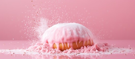 Canvas Print - Top view of a pink donut with a bite taken out of it placed on a pink background with flour dusted on top creating a copy space image