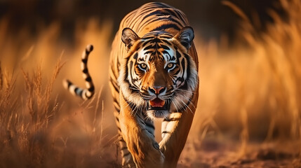  Sumatran Tiger walking in the morning light, Kalahari desert, South Africa