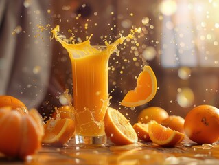 Wall Mural - realistic glass of orange juice with a nice dynamic splash in it, oranges and slices and a natural background set