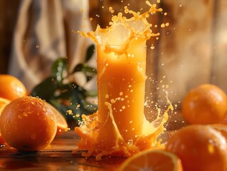 Wall Mural - realistic glass of orange juice with a nice dynamic splash in it, oranges and slices and a natural background set