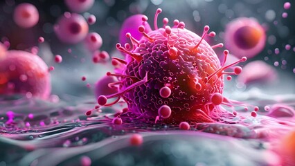 Poster - A vivid representation of a virus interacting with a cellular environment.