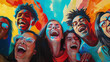 © ahlemrafika - A group of diverse and joyful young people are laughing together in front of a colorful abstract background.