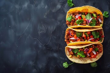 Authentic Mexican tacos arranged beautifully on a dark background, highlighting their savory ingredients and vibrant colors