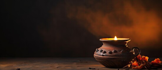 Copy space image of a traditional clay oil lamp