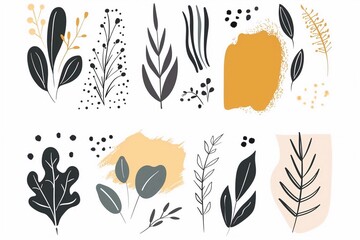 Wall Mural - Vector collection of hand-drawn plants, organic shapes, dots, and lines. Minimalist and trendy abstract natural elements ideal for modern graphic design projects
