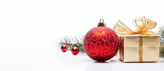 Sticker - Red and gold vintage Christmas bauble along with fir branches a gold bead tape and a gift box placed on a white backdrop to create a festive copy space image