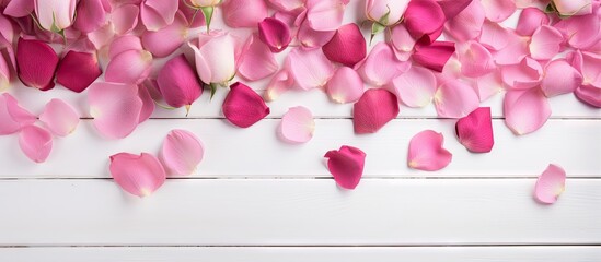 Wall Mural - Top view of pink roses and rose petals arranged on a white wooden background for a visually appealing copy space image