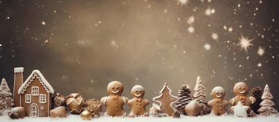 Wall Mural - Toned background card with a festive Christmas and New Year theme featuring homemade gingerbread man cookies and other sweet treats. Copy space image. Place for adding text and design