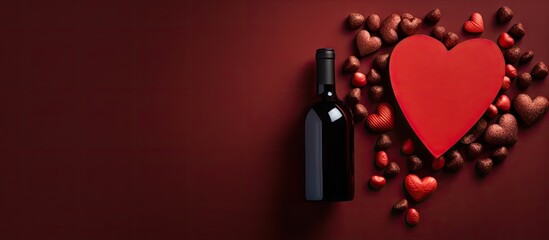 Canvas Print - Top view of a heart shaped gift box of chocolates on a colored background alongside a bottle of red wine Ideal for Valentine s Day with ample copy space