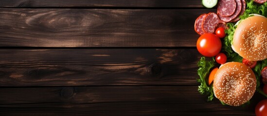 Wall Mural - A top down copy space image of a breakfast consisting of a burger with salami and vegetables accompanied by tomato juice placed on a wooden background