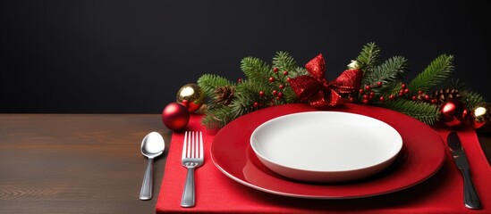 Poster - The Christmas table setting features a white plate napkin and silverware adorned with festive Xmas decorations creating a visually pleasing copy space image
