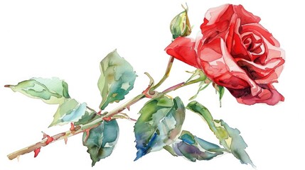 Poster - A charming watercolor painting featuring a red rose with its flower leaves buds and stem perfect for adding a romantic touch to Valentine s Day wedding invitations or save the date cards