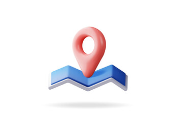 Poster - 3D cartoon folded map with location pin isolated. Render map silhouette. Planet icon. Cartography and geography. Earth day, Holiday and travel, GPS location navigation service. Vector Illustration