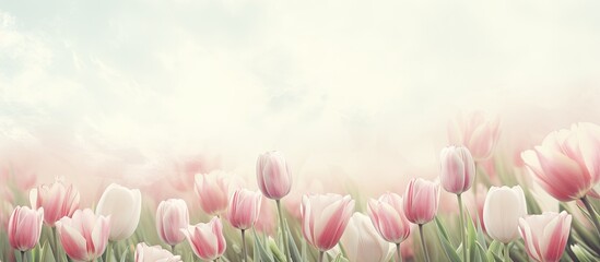 Wall Mural - Vintage style processing adds a textured effect to a copy space image of pink and white tulip flowers