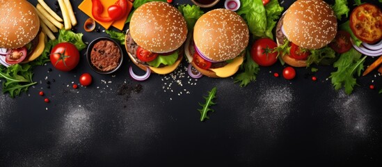 Poster - Top view copy space image of delicious homemade cheeseburgers with grilled beef tomato cheese and lettuce served on a dark grey background and accompanied by a selection of sauces