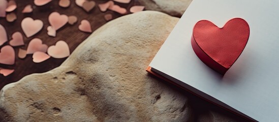 Sticker - Valentine s Day A paper heart is positioned on a stone while a notepad sits nearby creating a captivating copy space image
