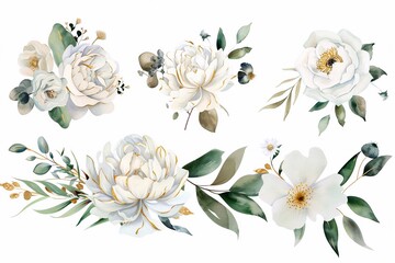 Wall Mural - Wild field herbs flowers. Watercolor floral collection set - bouquets, borders, frames. Illustration green leaves, branches.. Wedding stationery, wallpapers, fashion, backgrounds. Wildflowers.