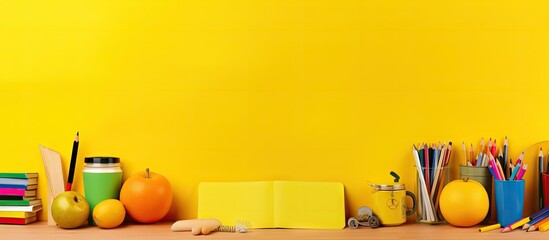Poster - copy space image showcasing a variety of school stationery items arranged on a vibrant yellow backgr