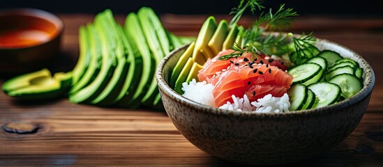 Sticker - A poke bowl a classic Hawaiian dish that consists of raw fish salad mixed with rice avocado cucumber and radish beautifully presented on a wooden background creating a perfect setting for a copy spac