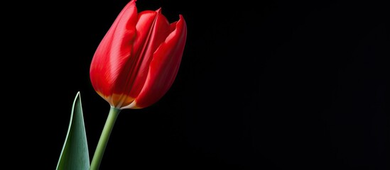 Wall Mural - a vibrant vibrant red tulip stands alone on a black background filling the frame plenty of space aro