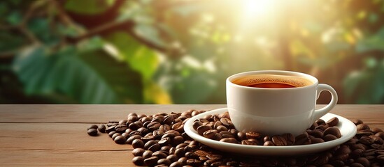 Sticker - Blurred background with copy space image of a cup of coffee and beans