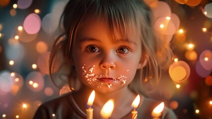 Wall Mural - A cute little girl is blowing out the candles on her birthday cake. Little girl is excited and happy while making a wish at a birthday party at night against a beautiful bokeh background.