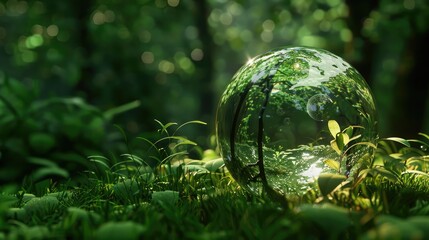 Wall Mural - A glass globe nestled within a lush forest setting representing nature and emphasizing the values of environmental protection sustainability ESG green energy and overall eco consciousness T