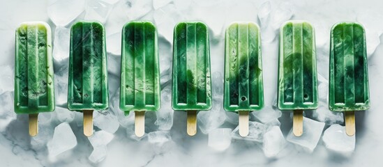 Canvas Print - Copy space image with spirulina popsicles and ice cream mold arranged in a flat lay composition on a marble table providing room for text