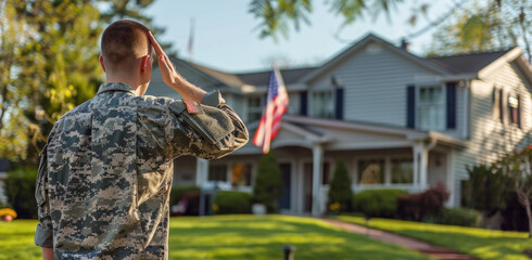 Wall Mural - male in military uniform saluting standing outside of a house with an American flag